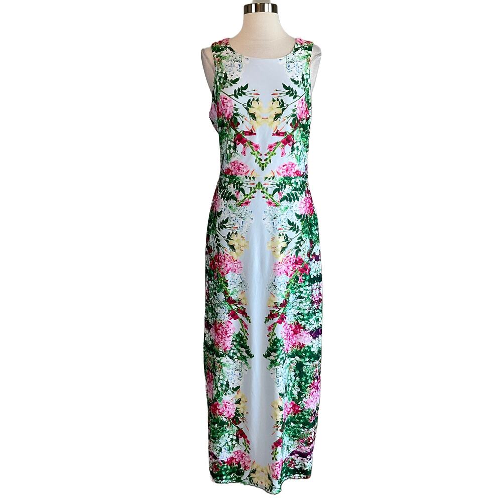 GUESS Floral Print Cutout Back Sleeveless Sheath Long Maxi Dress Blue Size 12 - Picture 2 of 10